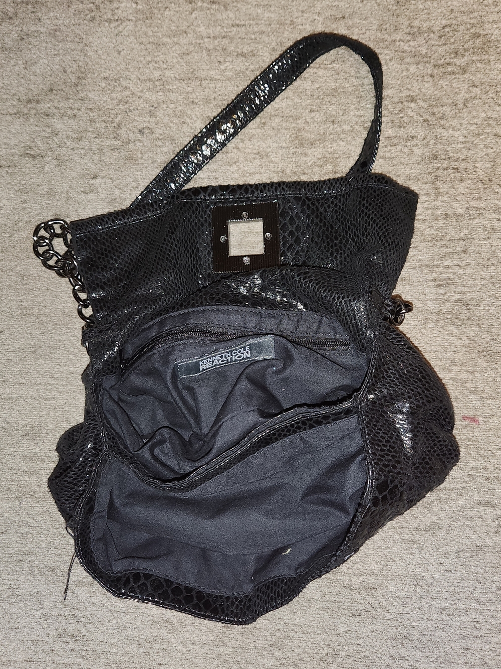 Kenneth Cole Reaction Black Snake-Embossed Shoulder Clutch with Chain Accent - Picture 4 of 4